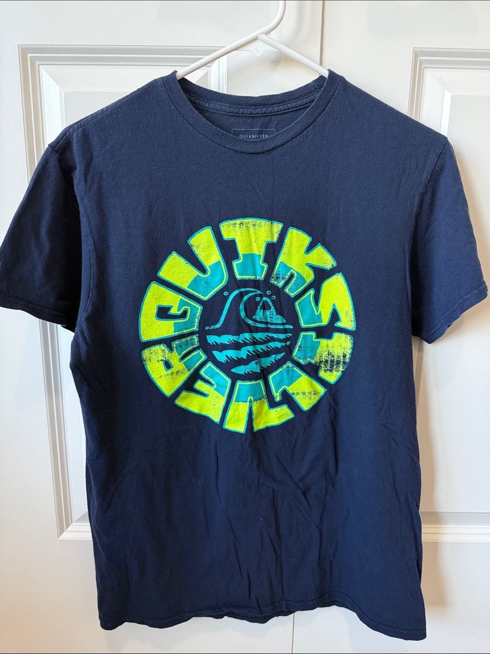 Quiksilver Navy Short-Sleeve Tee with Neon Green and Teal Logo
